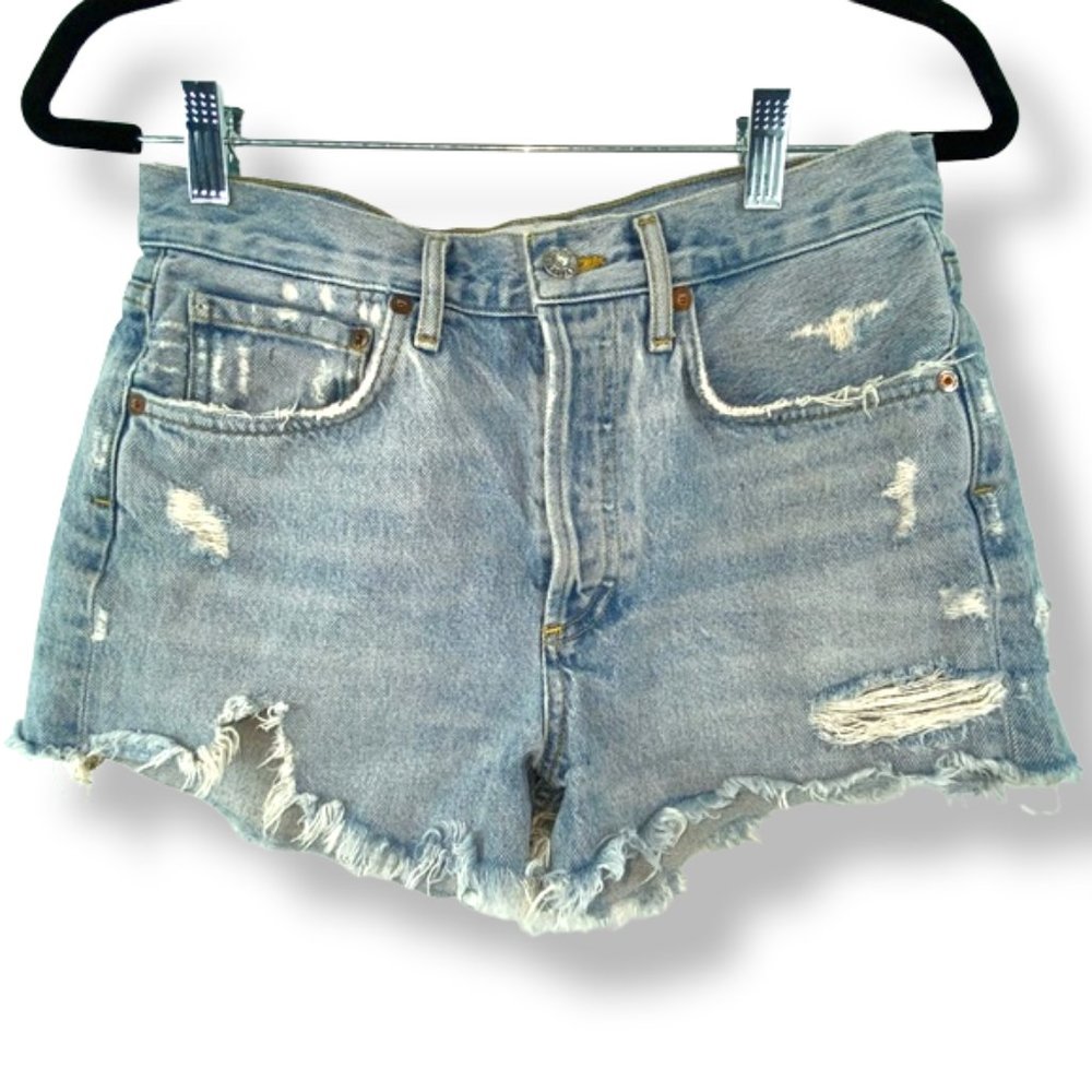 Agolde Light Blue Distressed High-Rise Jean Shorts